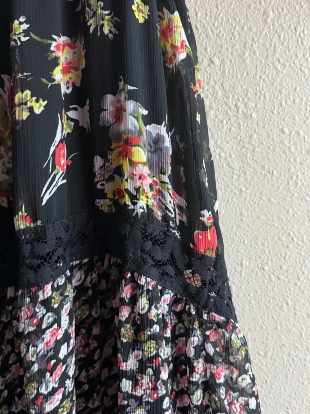Notations Black Floral Tiered Maxi Skirt with Red and Yellow Blooms